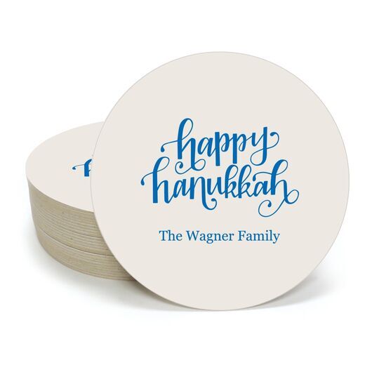 Hand Lettered Happy Hanukkah Round Coasters